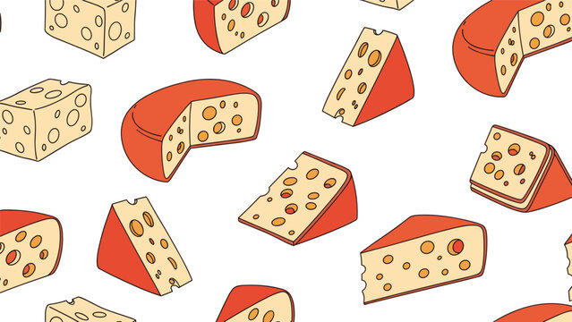 Appetizing seamless pattern showing different types of yellow cheese including whole wheels, triangular wedges, and square blocks with holes.