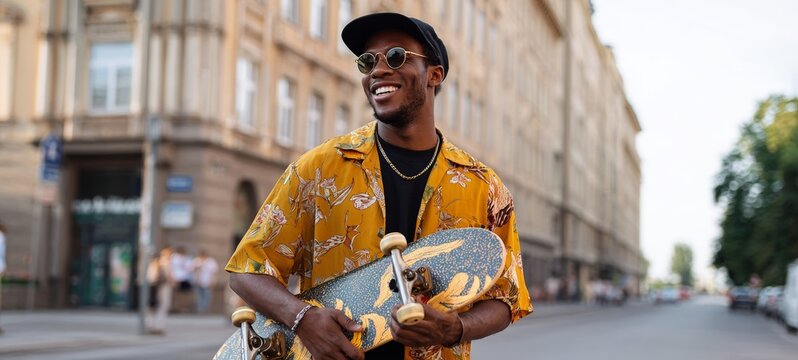 Man holding skateboard on city street.