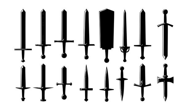 Flat medieval knight swords collection fantasy weapon vector set isolated on white background