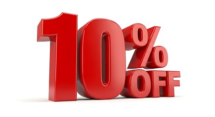 Glossy 3D red "10% OFF" text on white background, showcasing a sale