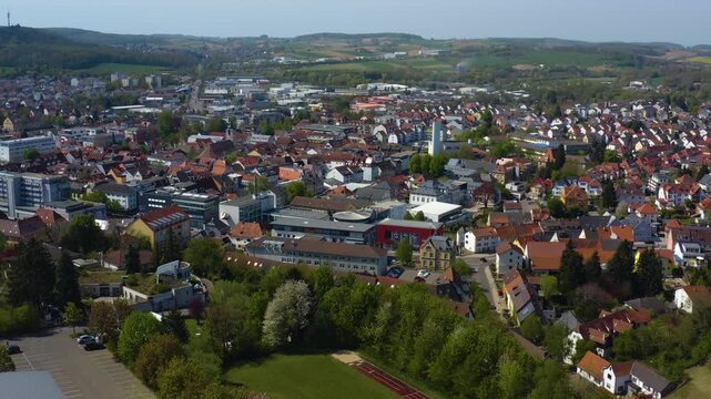 Aerial view of the city and old town in Sinsheim in south Germany on a sunny afternoon in Spring 