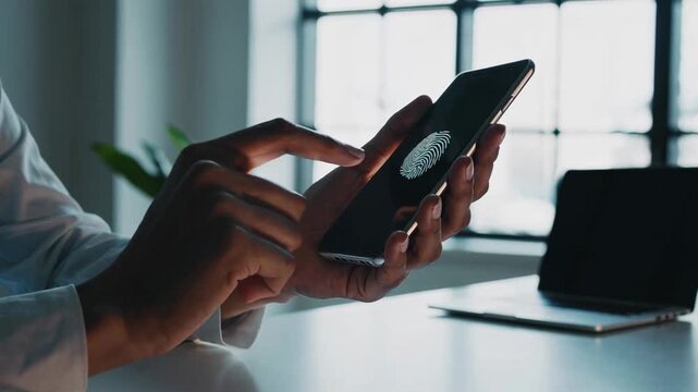 Office worker uses biometric fingerprint scan on smartphone to access secure data, ensuring digital security and protecting sensitive information in modern workplace