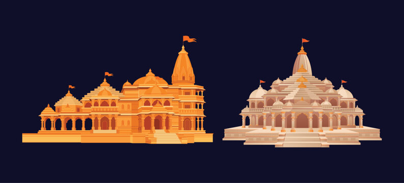 Ayodhya Ram Mandir Temple Illustration Set On Dark Background