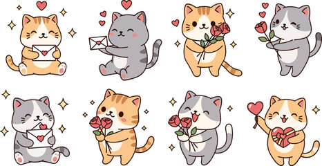 Cute kawaii cat characters with roses, hearts and love letters vector set for Valentine greeting and romantic stickers © MdAbuSayed