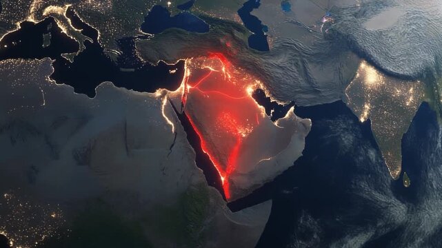 Israel and Middle East Region Highlighted on Earth Globe at Night