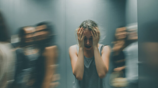 Panic attack anxiety stress woman crowd blur public space fear overwhelmed claustrophobia emotional distress