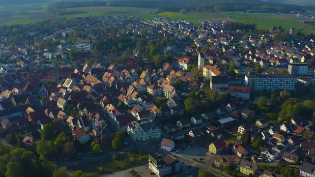 Aerial view of the city and old town in Pfullendorf in south Germany on a sunny afternoon in Spring 