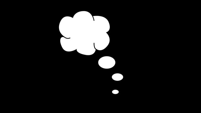 White 2d cartoon thought bubble animation, hinking dream symbol icon, glowing dream cloud effect on black background, cinematic hand-drawn style motion graphics for video overlay. 4k video