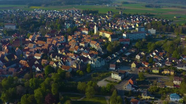 Aerial view of the city and old town in Pfullendorf in south Germany on a sunny afternoon in Spring 