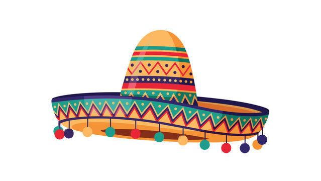 Colorful mexican sombrero hat illustration with traditional patterns and dangling pom poms on the brim for party celebration.
