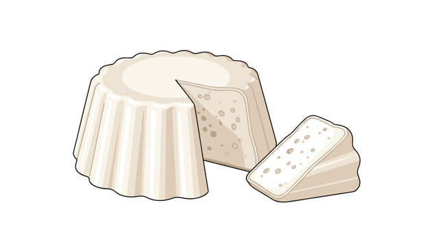 White cheese wheel illustration like ricotta or queso fresco with a slice cut out and placed next to it on white background.
