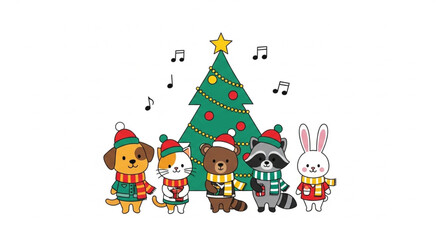 Fototapeta premium Cute Christmas animal friends celebrating under festive decorated tree with music notes