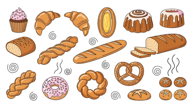 Large collection of baked goods including bread rolls croissants pretzels donuts and muffins for bakery and food industry.