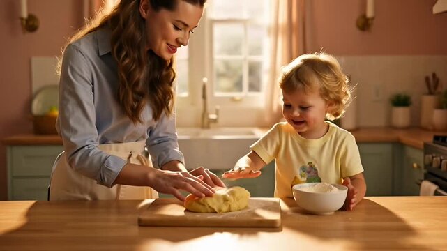 Mother and Toddler Son Baking Bread Together in Bright Kitchen