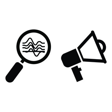 Illustration of black and white icons of a magnifying glass and a megaphone on vector