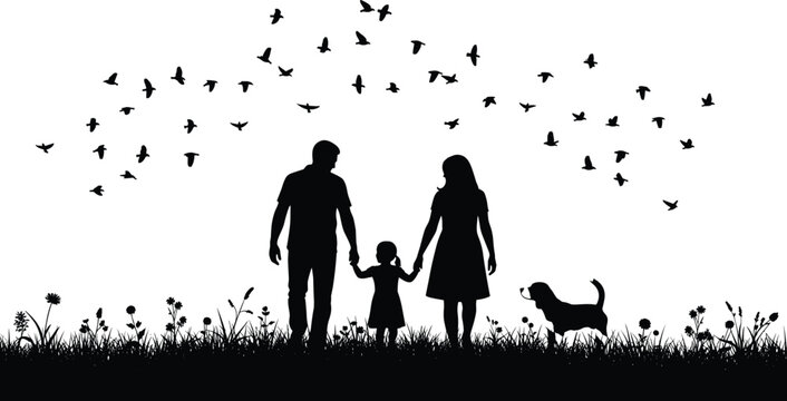 Silhouette family with child dog birds outdoors, black white vector illustration representing togetherness nature bonding parenting design art