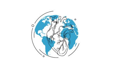 Human heart anatomical illustration is overlaid on a blue world map background with circular artistic lines to symbolize global health.
