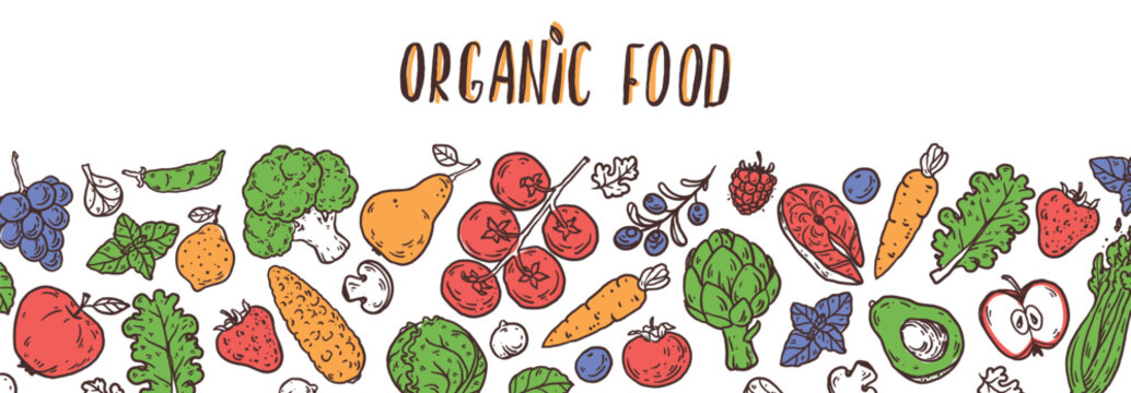 Organic food sketch doodles . Fruits and vegetables. Whimsical food doodles. Hand drawn vector illustration for menu, packaging design. Simple sketch style. Top view. Simply fun