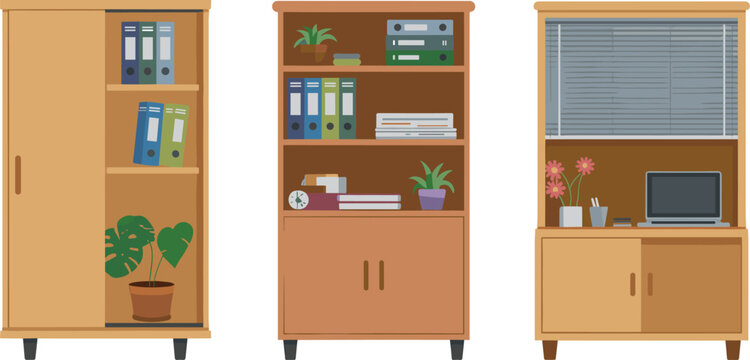 Wooden office storage cabinets with shelves books plants and computer workspace furniture set modern home office interior organization flat vector illustration