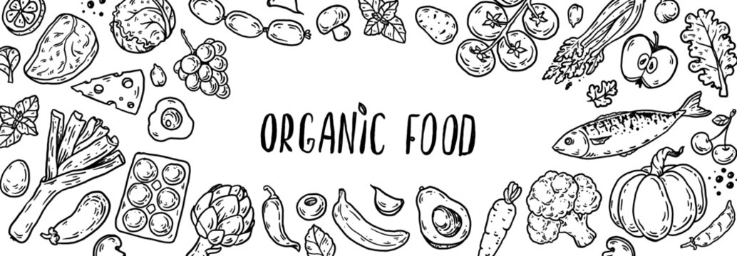 Organic food sketch doodles . Whimsical food doodles, Hand drawn vector illustration for menu, packaging design. Food quirky icons, simple sketch style. Top view. Simply fun