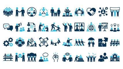 Extensive Collection of Business, Leadership, and Collaboration Line Icons Representing Corporate Dynamics
