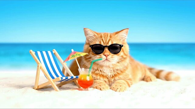 Cat chilling summer near the beach enjoying cocktail 