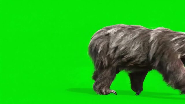 Slow-moving sloth walking on a green screen background, full body shot, 3D animation