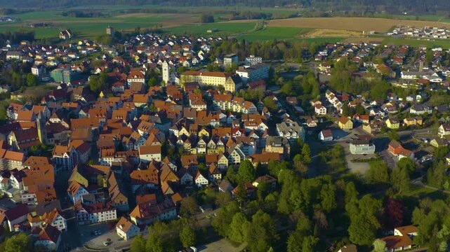 Aerial view of the city and old town in Pfullendorf in south Germany on a sunny afternoon in Spring 