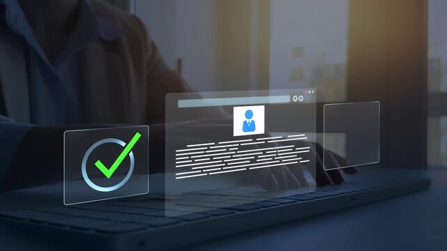 Employee approval process management.Recruitment and business selection processes. Digital documents with check marks verified staff records and online HR management.	
