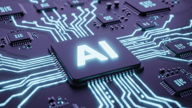 Central artificial intelligence chip illuminated on a dark circuit board, signifying advancements in machine learning, big data, and cutting edge technologies for the future.