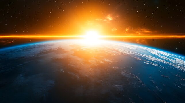 The sun rises over the curved horizon of the Earth in a breathtaking celestial scene with stars shining in the dark space background