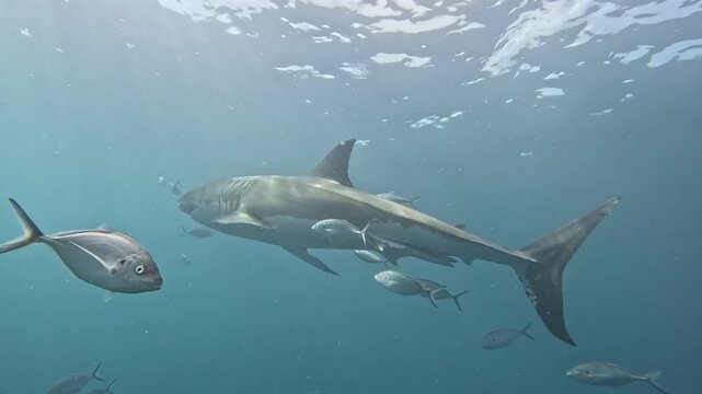 Great White Shark Swimming with Pilot Fish in Open Ocean