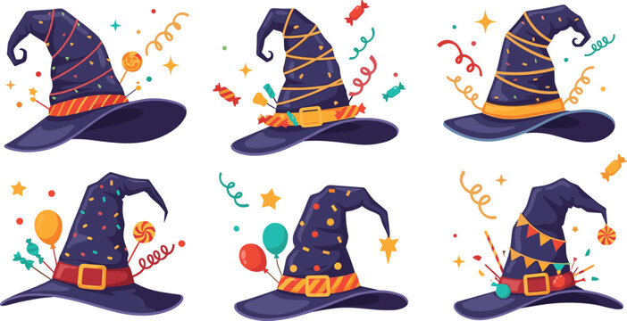 Colorful Halloween witch hats vector set with confetti, candy, balloons and festive party decorations for spooky celebration