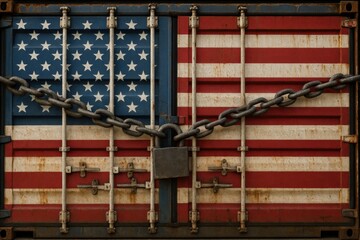 Naklejka premium Rusty shipping container doors painted with a distressed American flag, secured with a heavy chain and padlock.