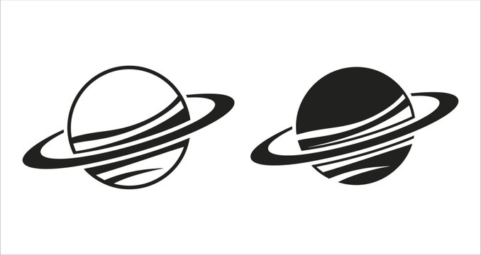 Saturn planet icons with rings in black and white
