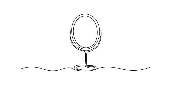 Continuous line drawing of an oval vanity mirror on a stand with minimalist style. Vector, illustration