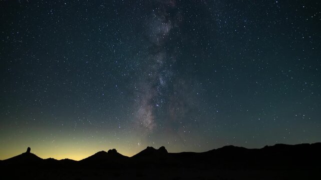 Astrophotography Milky Way Galaxy and Sunrise Over Trona Pinnacles 24mm Death Valley Region California USA Time Lapse