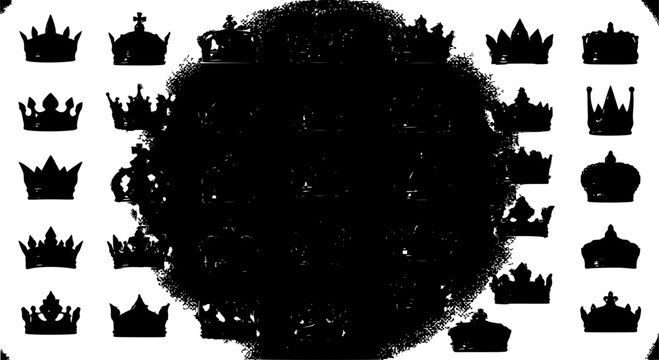 Crowns set with black silhouettes and grunge texture effects featuring royalty, kingship, nobility with heraldry and