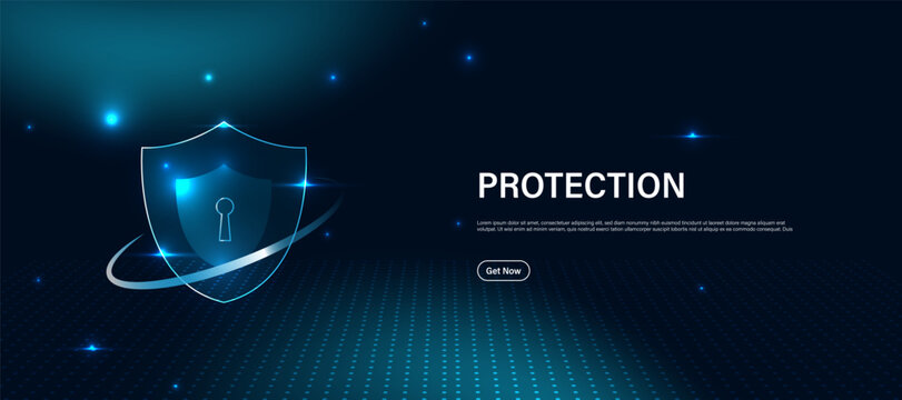 AI cyber security protection concept. Digital shield icon with lock symbol on blue technology background. Artificial intelligence powered cybersecurity system for network protection, data privacy