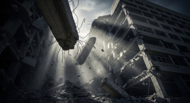 Epic nighttime city destruction with towering skyscrapers, storm, and monstrous attack.