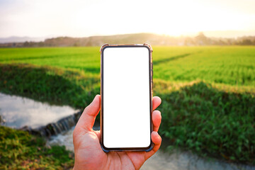 A white phone screen with a background of an agricultural field where farmers utilize technology to improve their livelihoods. © MOUNTAIN