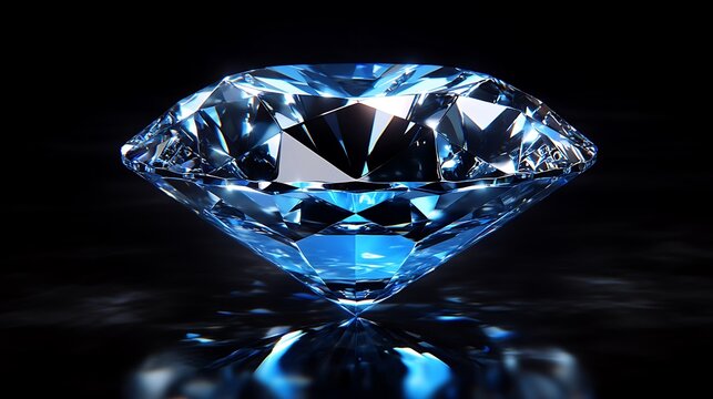 A large blue diamond is prominently displayed against a dark background with its facets reflecting light and casting a subtle glow on the surface below it