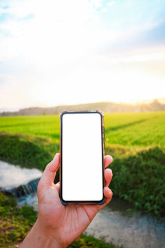 A white phone screen with a background of an agricultural field where farmers utilize technology to improve their livelihoods.