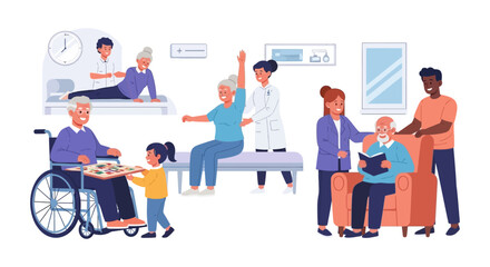 Fototapeta premium Diverse Senior Care: Physical Therapy, Social Activities & Family Support for Elderly People