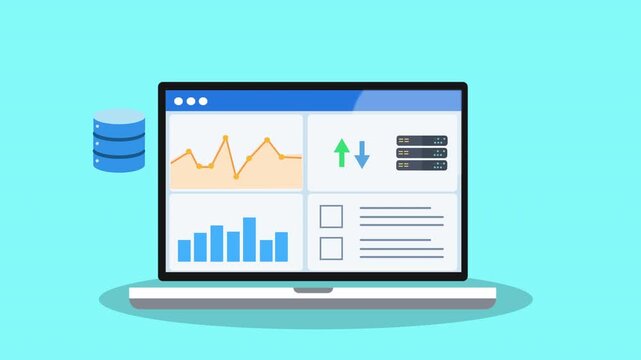 Animated laptop displaying a data analytics dashboard with charts, graphs, and database icon. Concept of data storage, business analysis, statistics monitoring, and digital technology interface.
