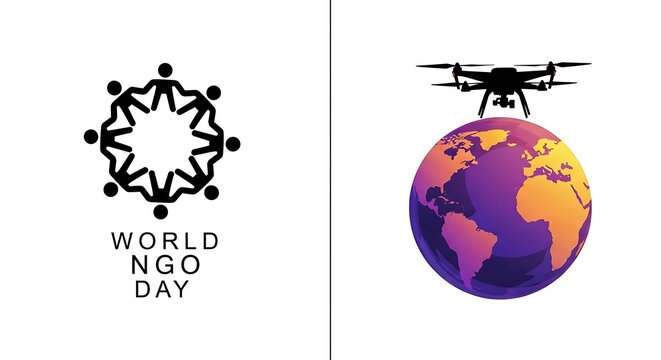 Illustration for World NGO Day showing people united & drone delivering to a colorful globe