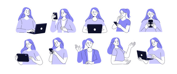 Female character at work collection. Woman in various poses use smartphone, laptop and other devices. Business doodle concept. Vector illustration.