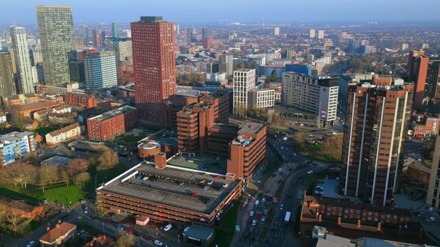 Aerial video of Five Ways junction and The Mercian at golden hour in Birmingham UK.