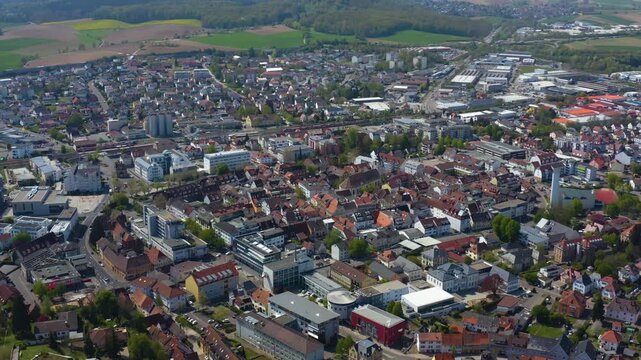 Aerial view of the city and old town in Sinsheim in south Germany on a sunny afternoon in Spring 