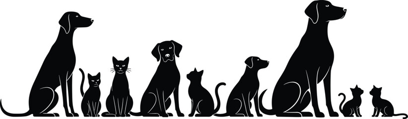 Obraz premium Row of dog and cat silhouettes, sitting facing right, black white illustration, pet diversity, animal design, creative artwork concept